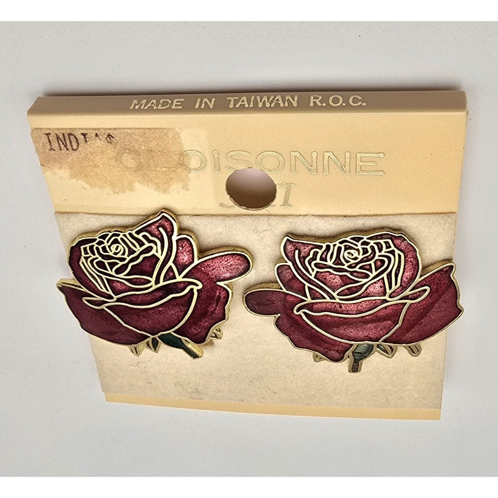 Vintage Cloisonne Rose Clip On Earrings Red Enamel Gold Tone Taiwan ROC -3580